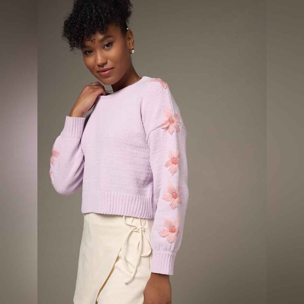 Francesca's Angelica Flower Embroidered Sleeve Sweater